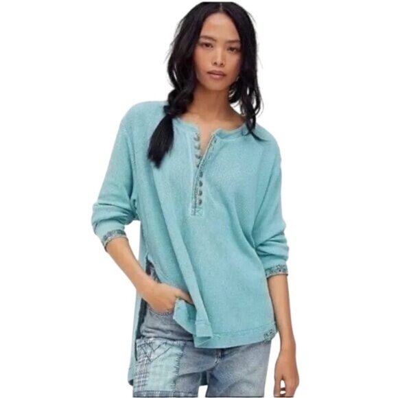 NWT Free People Aqua Henley Distressed Relaxed Thermal |  Coastal Boho Grunge M - Picture 16 of 16